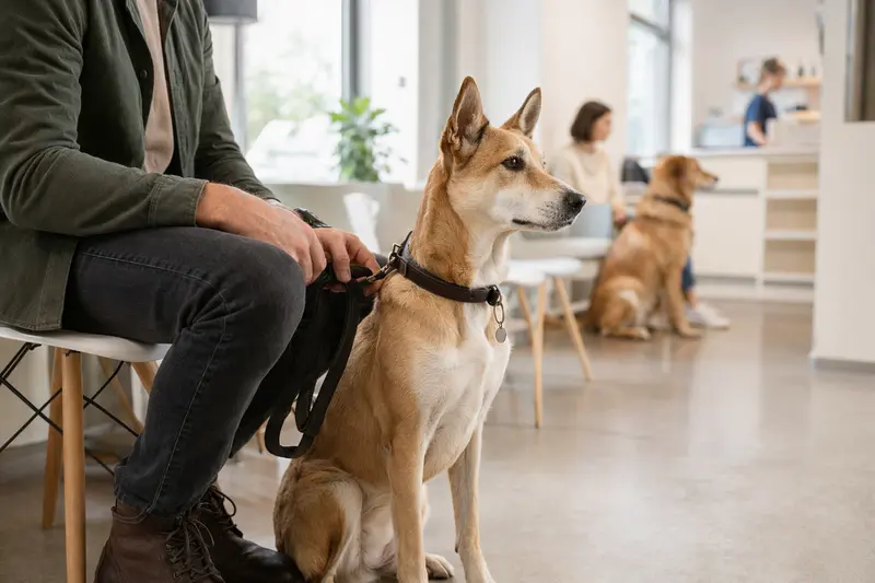Ein Canaan Dog sitzt ruhig neben seinem Besitzer im hellen Wartezimmer einer modernen Tierarztpraxis.